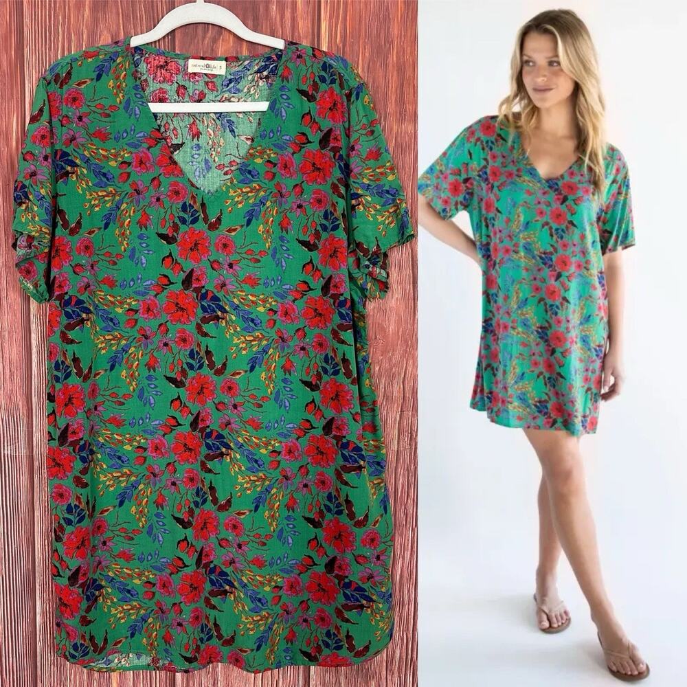 Natural Life Floral Shift Dress Short Sleeve Multicolor Green Boho Size Small S